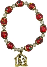 Christmas Jewelry, Glass Bead, Stretch Fit Bracelet, Gold Nativity Pendant