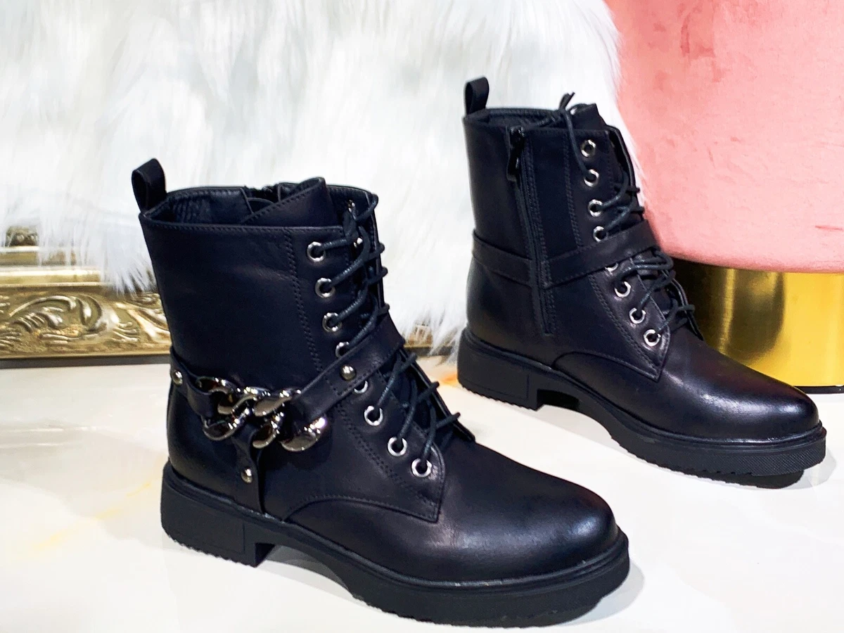 Ankle Boots Shoes Ladies Biker Zip Lace Up Army Combat Winter