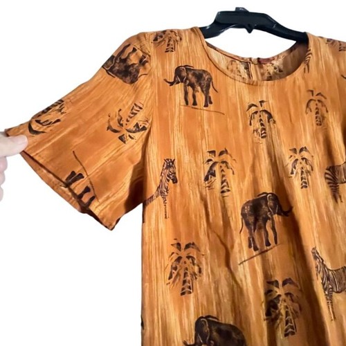 Safari Print Jungle Rust Maxi Dress with Elephants Zebras Palm Trees African - Picture 5 of 9