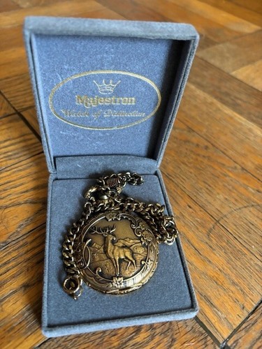 VINTAGE MAJESTRON POCKET WATCH DEER DOGS HUNTING WITH BOX & CHAIN needs battery