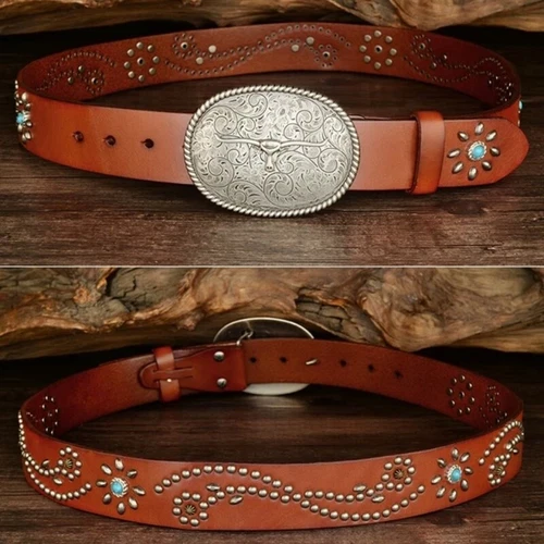Real Leather Waist Belt Heavy Metal Stone Rivet Studded Unisex Punk Waistband - Picture 20 of 28