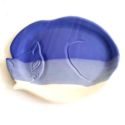 Signed Blue Pottery Cat Serving Plate Home Decor 11.25  by 9 