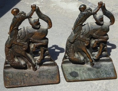 Vintage OFW Cast Iron Cowboy Bucking Bronco Bookends Flat Back Western Pair