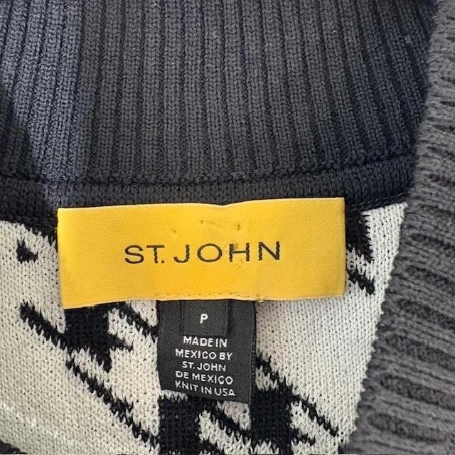 St John Sweater Womens Petite Black White Wool Zip Houndstooth Bomber Cardigan - Image 3 of 4