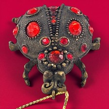 VTG Ladybug Christmas Ornament Enamel Copper Tone Metal Red Rhinestones Beetle
