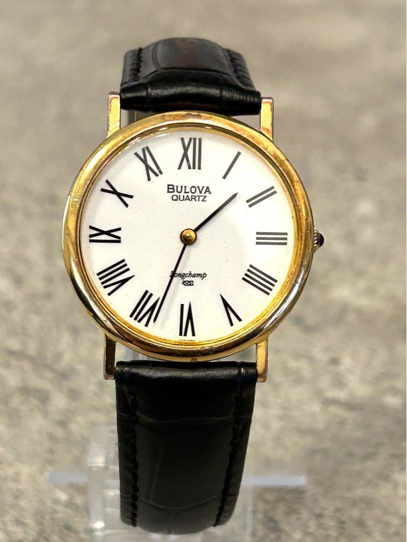 Bulova Longchamp Quartz Watch White Roman Dial Gold Case Vintage