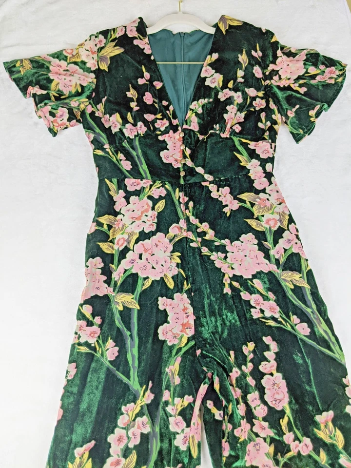 Mono Floral Terciopelo Verde Rosa Flores Pierna Ancha Manga Corta Boho Retro Foto 3 de 4