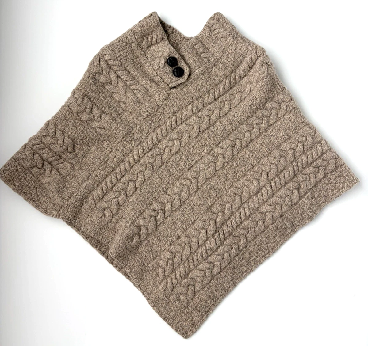 ARAN Irish Knit Beige Market Poncho Cape Womens Cable Merino Wool Sweater S/M