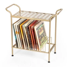 Ilyapa 2-Tier Gold Metal Record Player Stand with 14 Slot Vinyl Record Holder