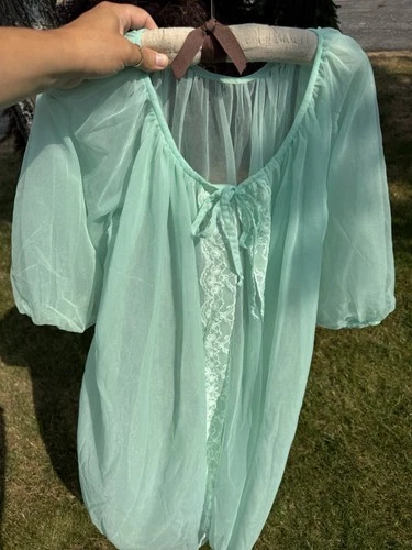 Vintage 60s Lingerie Robe Green Sheer Fairy Retro Peignoir Women Medium/Large