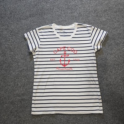 Cuffys Top Womens Size Large White Striped Cape Cod Nautical Preppy Tee Casual