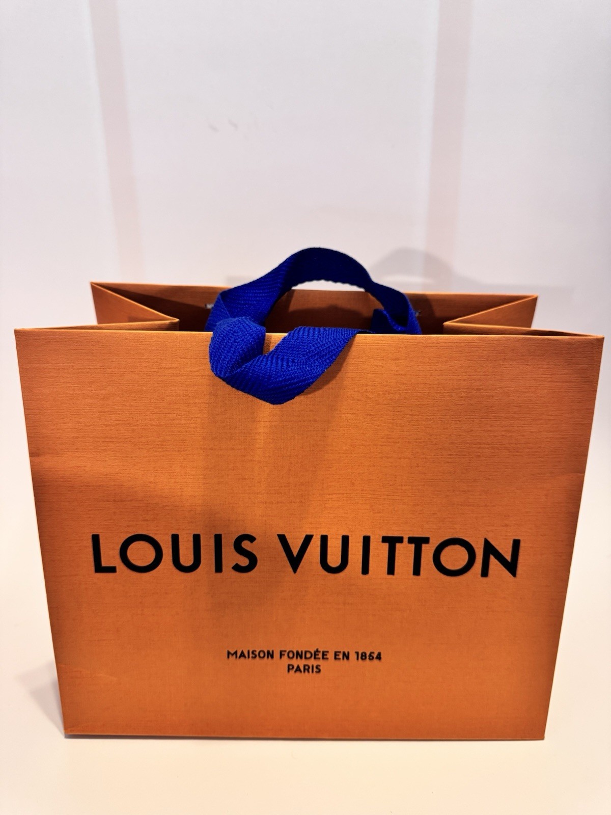 Louis Vuitton Medium Orange Gift Bag Blue Handles New Unused Authentic LV Logo