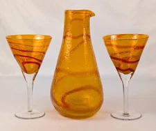 Pier 1 "Canyon Orange" Swirled Hand Blown Martini Pitcher & 2 Glasses