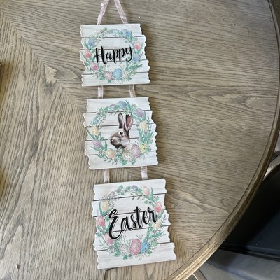 EASTER Happy Easter Wall Door Sign 18.5x5.5  Bunny Wreath Glitter NEW
