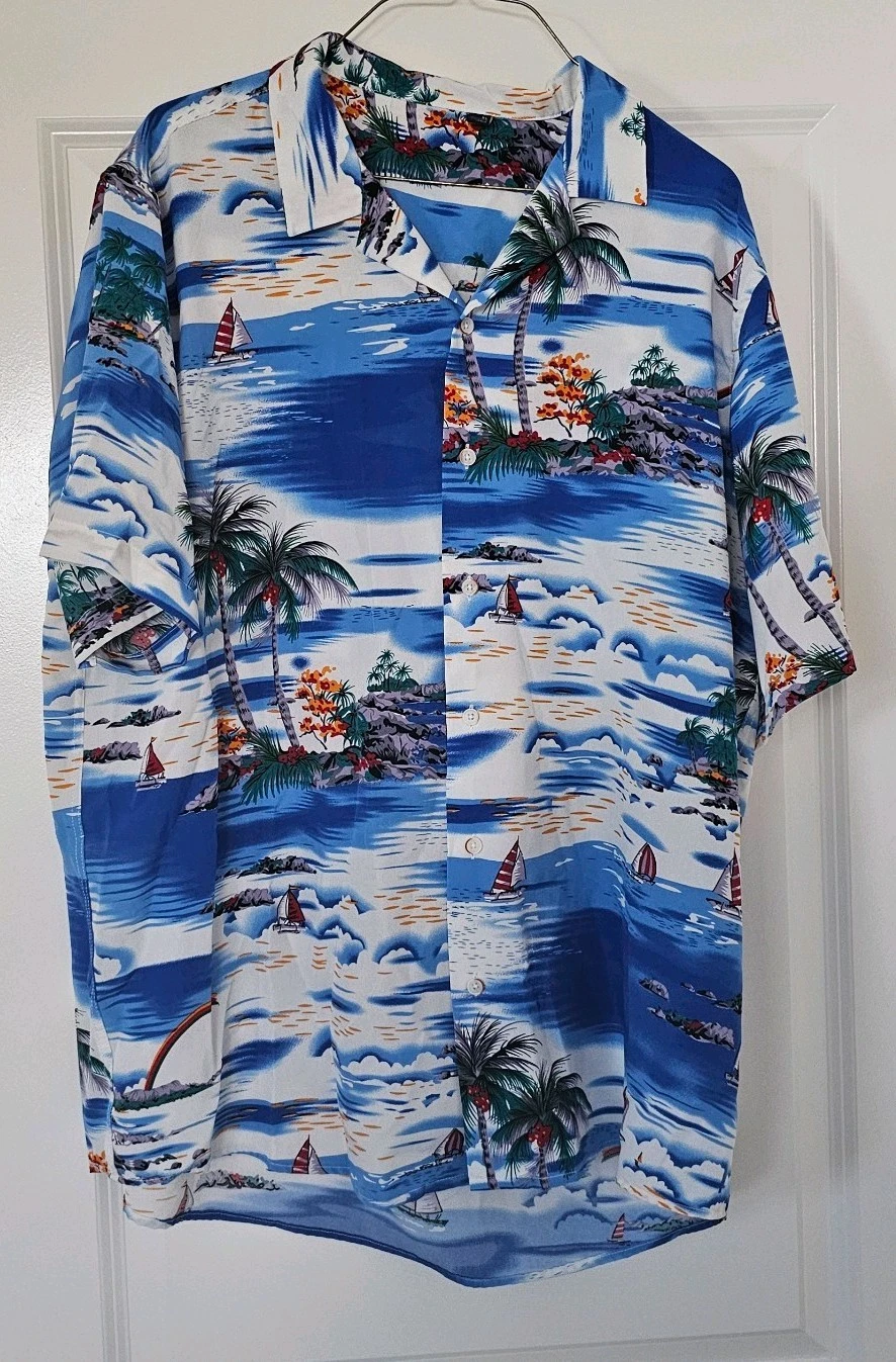 Design in Italy Shirt Mens XL Luau Hawaiian Button Up Ocean Palms Sails Print
