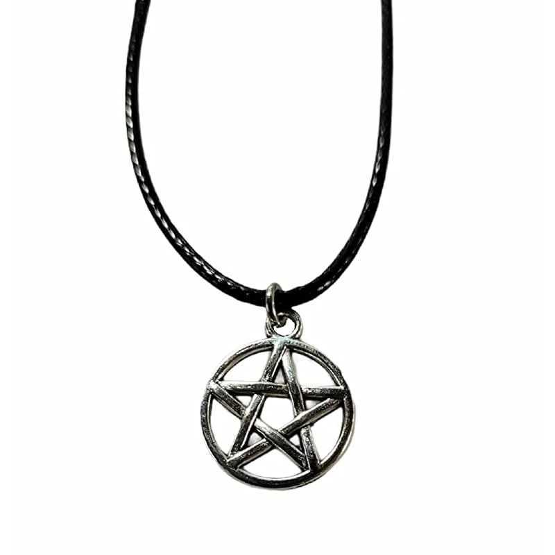 Collana nera Pentacolo con ciondolo Stella Wicca Argento in Corda da Uomo Donna - Immagine 3 di 4