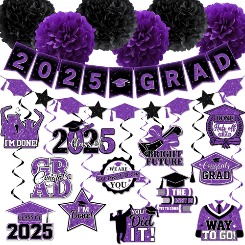 Purple Graduation Decorations, 2025 Grad Banner and Congrats Grad Hanging Swirls