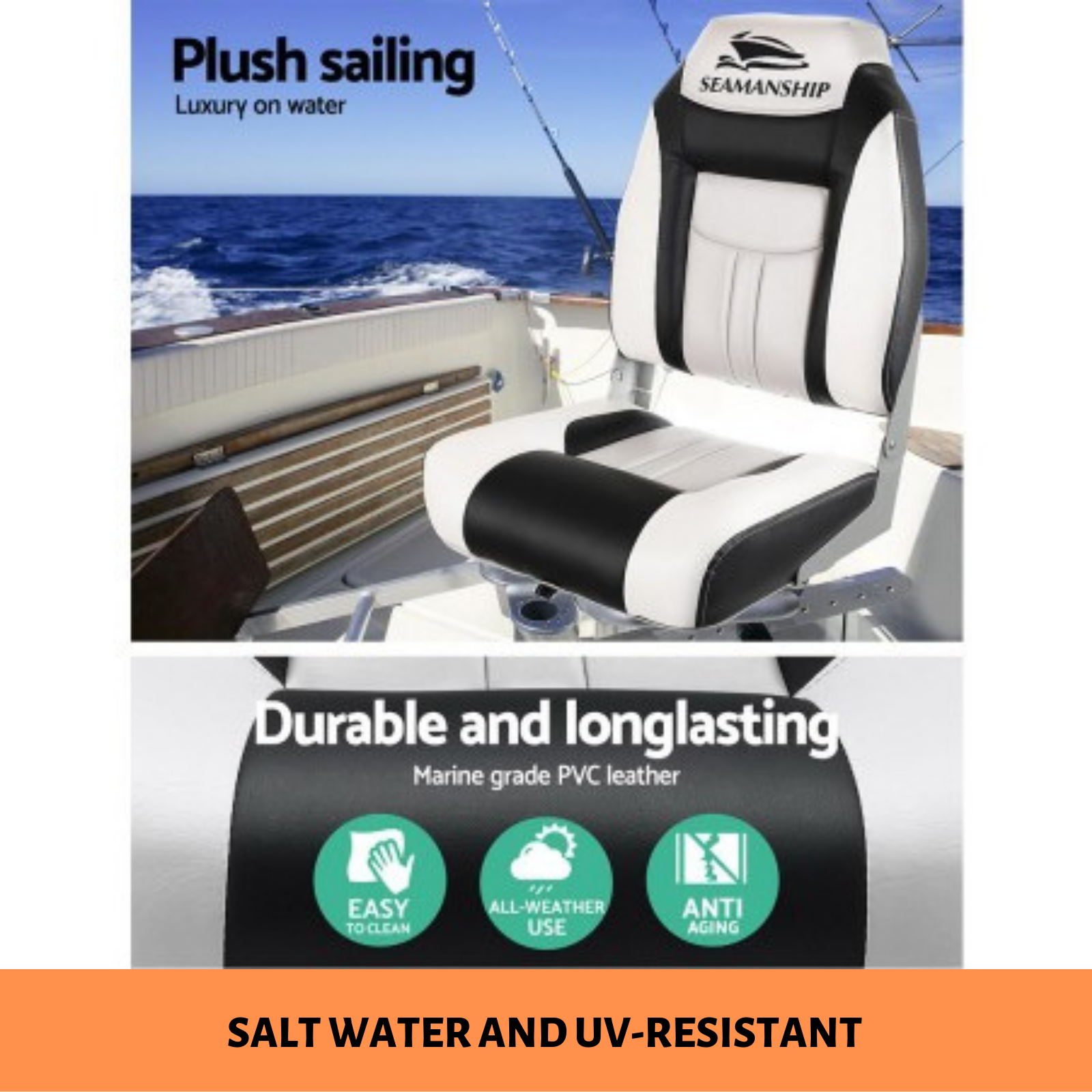 Set of 2 Folding Swivel Boat Seats Padded Marine Chair AllWeather Grey