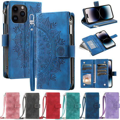 Leather Zipper Wallet Shoulder Strap Case For iPhone 14 15 16 Pro Max 13 12 11