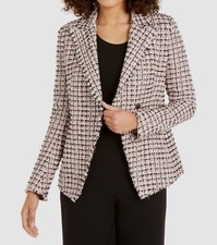 Elie Tahari Women's Beige Black Jezebel Tweed Frayed-Trim Plaid Jacket 2