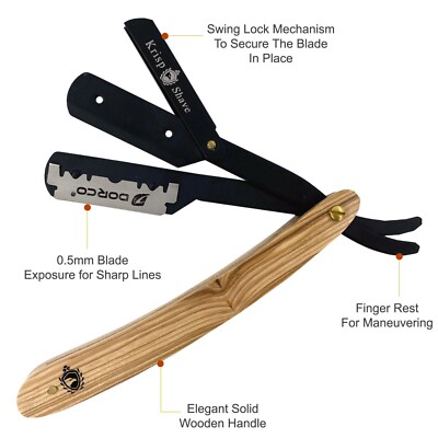 Wooden Men's Barber Hair Shaving Razor Straight Edge Folding Knife + 10 Blades