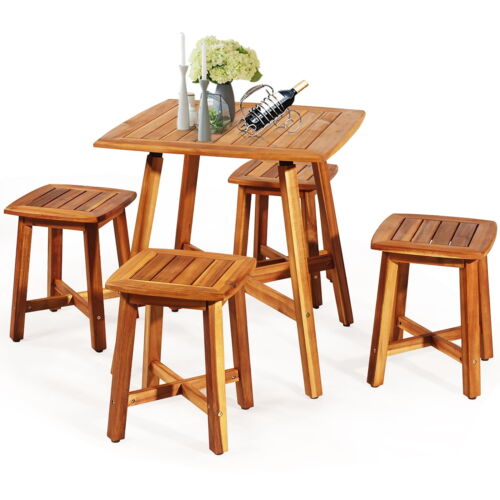 5PCS Acacia Patio Dining Set W/Square Table & 4 Stools Reddish Brown - Picture 9 of 11