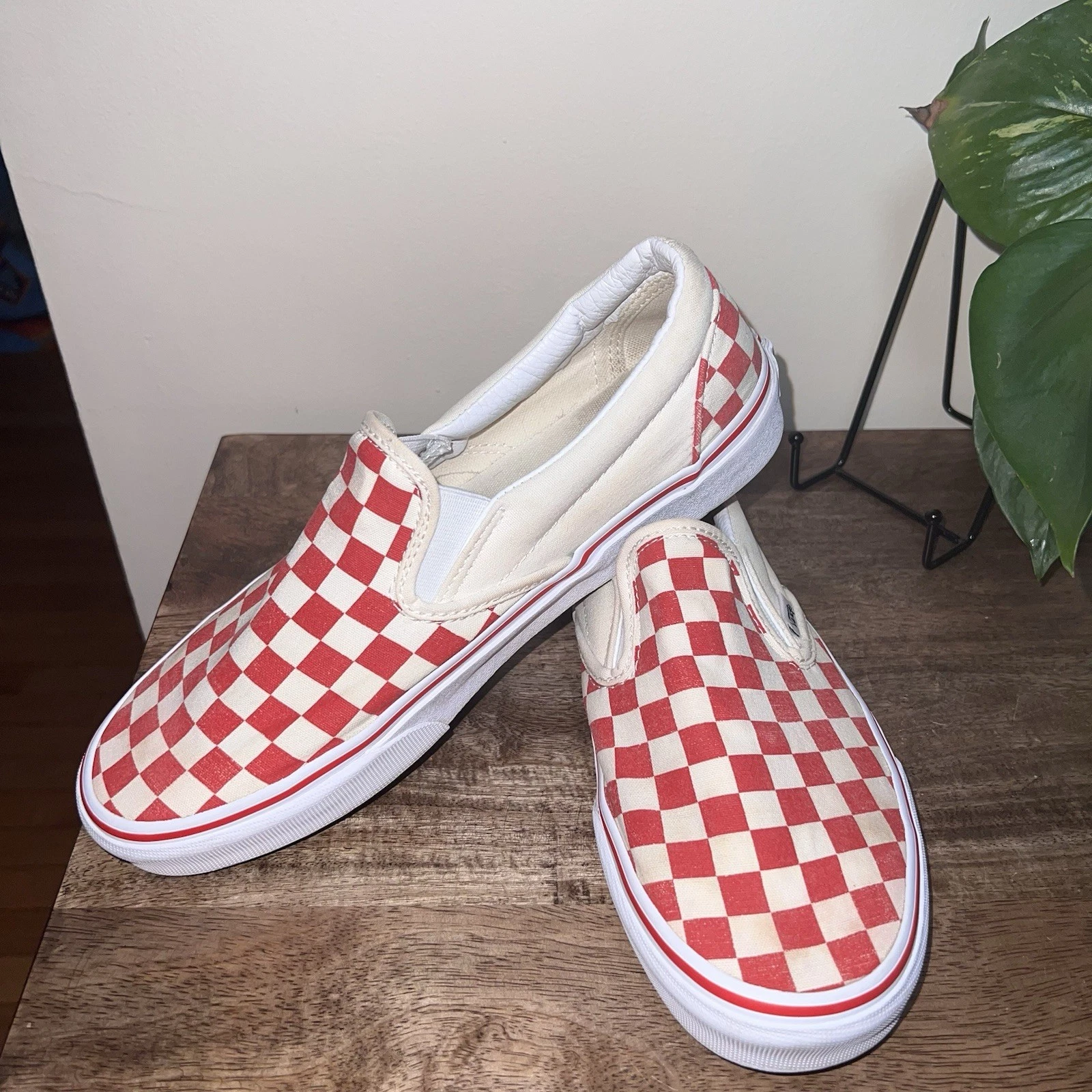Scarpe Vans rosse e bianche a quadri uomo taglia 8 5 classiche skater tela slip on