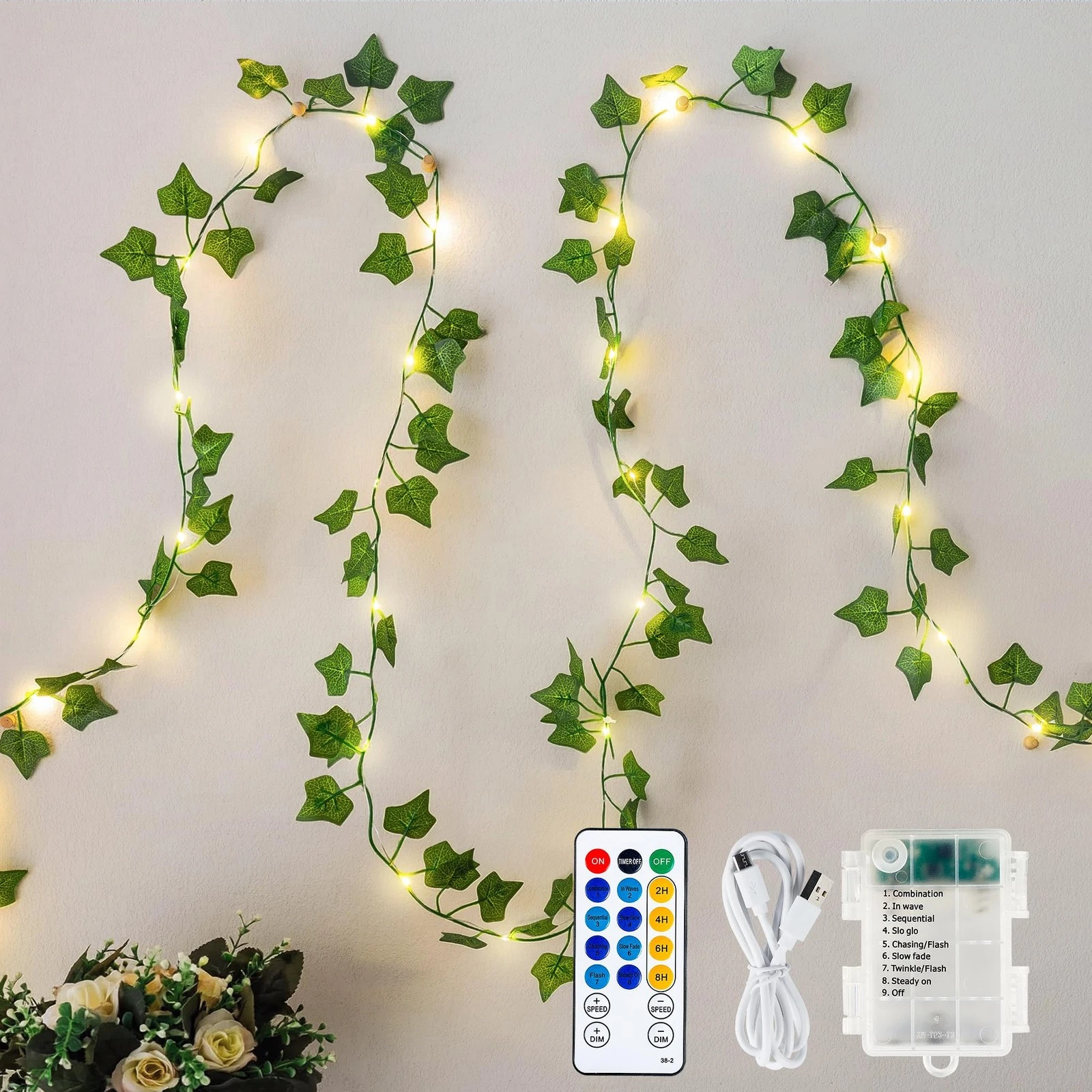 Ivy Vine Garland with 40 LED Fairy Lights – Vintage Greenery Decor with Remot...