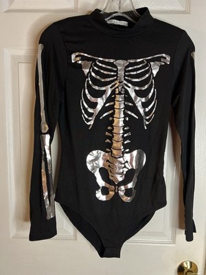GAZE Soft Long Sleeve Skeleton Bodysuit Cosplay Metallic Silver & Black Sz S