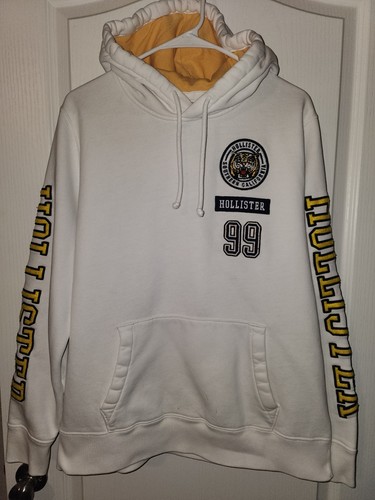 Vintage Hollister Tiger Mascot Hoodie Mens XL Cream Graphic Sleeve Print Y2K