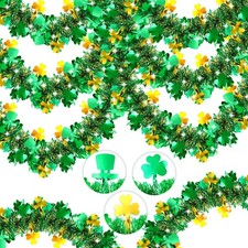 St Patrick's Day Tinsel Garland, 50FT Green Gold Shamrock Hat Tinsel Garland ...