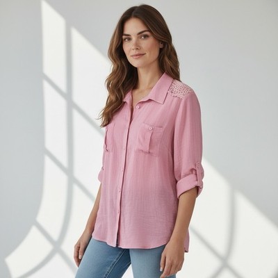 Lavish Women s Pink Lace Shoulders 3/4 Rolled Sleeve Top Shirt Size S