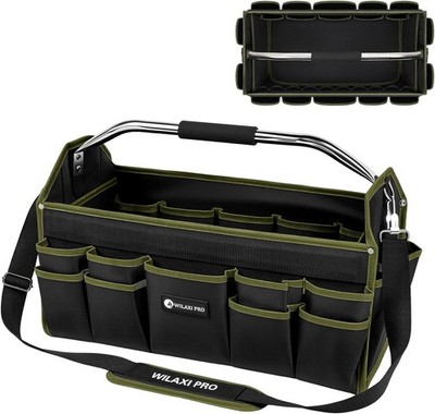 22in Heavy Duty 33 Pocket Wide Mouth Electrician Tool Tote Foldable Green