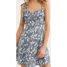 Free People Blue White Striped Floral Mini Dress Smocked Back Tie Strap Size 2