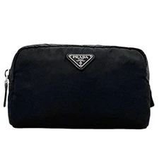 Pre-owned Prada pouch, black NERO Tessuto nylon and leather, size 176. Features