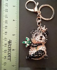 Goldtone w Austrian Crystals Enameled Keychain Handbag Charm Panda Bear