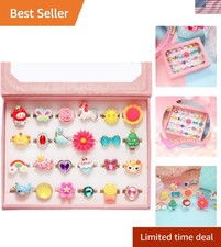 Little Girl Jewel Rings in Box, Adjustable, No Duplication, Girl Pretend Play...