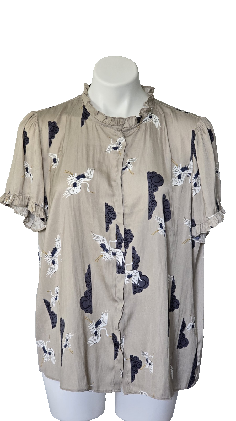 NWT T Tahari Crane Bird Blouse XL Beige Ruffle Button Front Top
