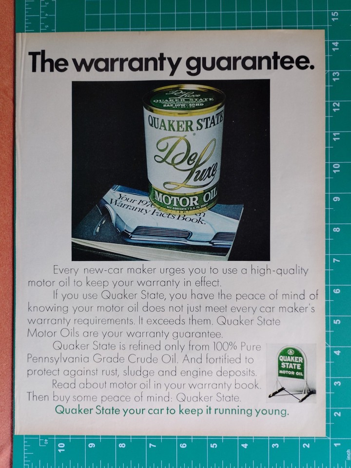* VTG Retro 1970 Ad Quaker State DeLuxe Motor Oil Guaranteed 100% PA ...
