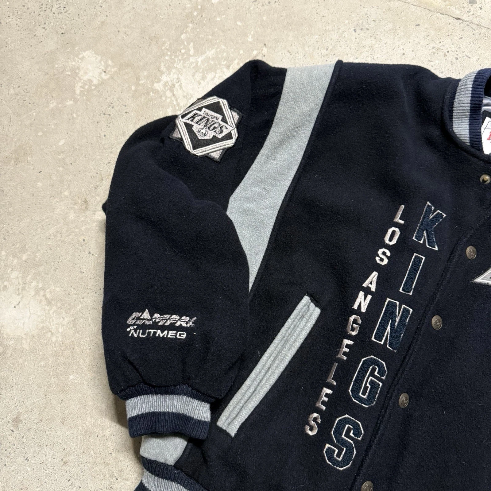 90s NHL Nutmeg LA Kings Wool Snap Button Varsity/Bomber Jacket Size L Y2K image 3