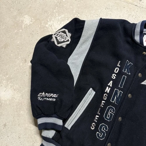 90s NHL Nutmeg LA Kings Wool Snap Button Varsity/Bomber Jacket Size L Y2K image 3