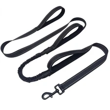 7 FT 3 Handle Dog Leash, Black, Shock Absorbing Bungee, Reflective, Padded