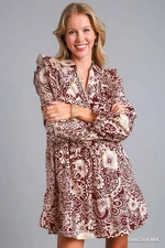 Umgee Sangria Printed Long Sleeved Dress with V Neck  Ruffle and Piping Detail