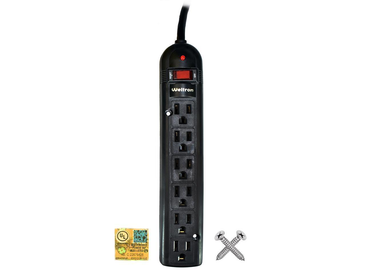 Сетевой шнур WELTRON длиной 10 футов с защитой от перенапряжения на 6 розеток Power Strip Black WSP600PLF10BK