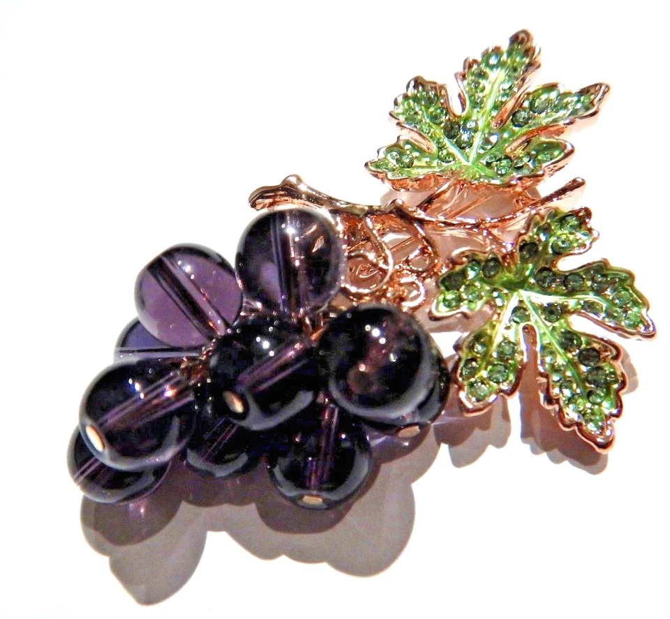 Broche de uvas con cuentas moradas racimo fruta ancho cristal Baco vid oro pin 4 años Foto 2 de 4
