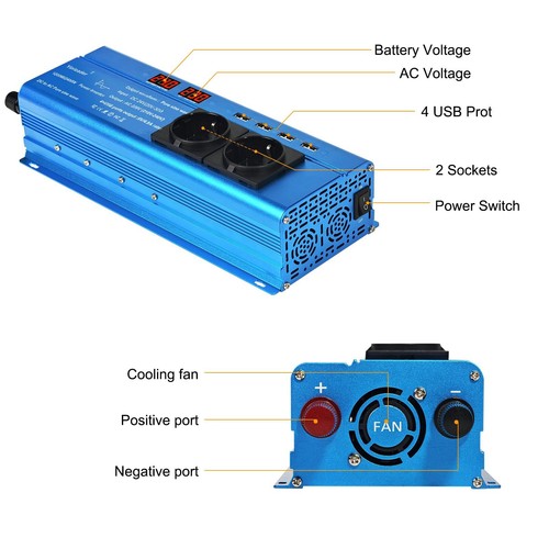 Onduleur sinusoïdal pur 12 V vers 230 V 1200 W LED 2 prises EU et 4 ports USB - Photo 9 sur 9