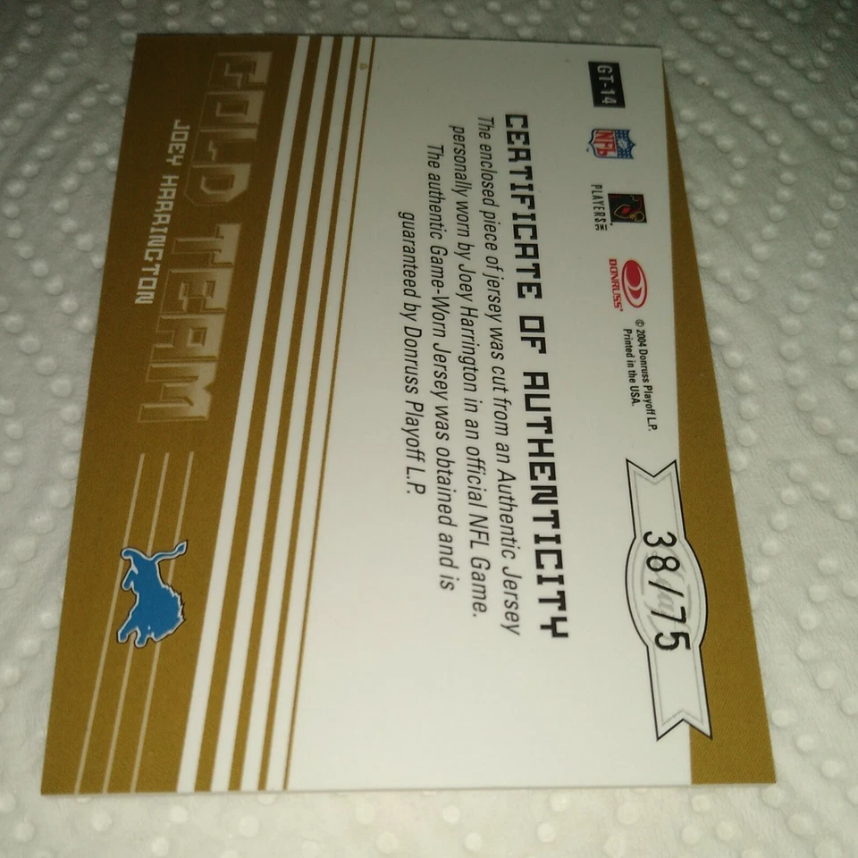 Joey Harrington 2004 Certified Gold Team Jersey #GT-14 Oregon Ducks Lions 38/75 - Image 2 of 2