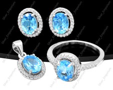 8X6 MM Natural Swiss Blue Topaz Gemstone 925 Silver Ring Earring Pendent Set