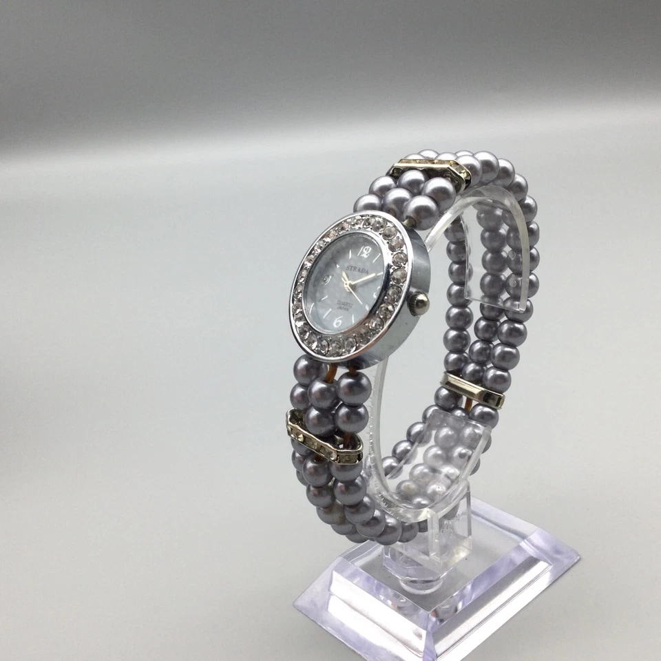Reloj Strada Mujer Tono Plateado Brillante Gris Imitación Perla Banda Elástica Batería Nueva Foto 4 de 4