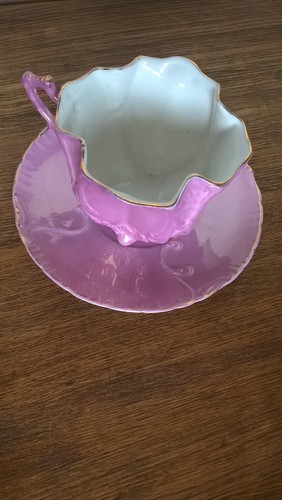 Tea Cup Teacup & Saucer White Porcelain Gold Pink Quatrefoil 4 Sides Fine China - Picture 7 of 24